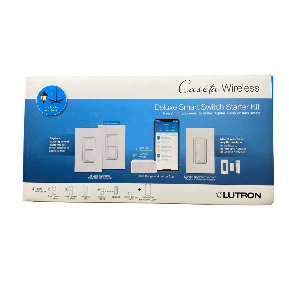 Lutron Caseta Deluxe Smart Switch Starter Kit P-BDG-PKG2WS-WH Bridge Remote